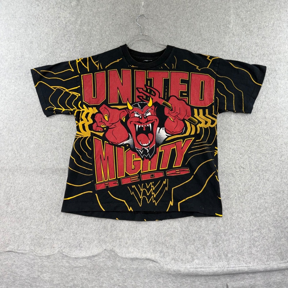 Vintage Manchester United Mighty Reds T Shirt Mens L 90s Black All Over Print